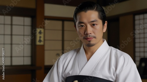 Man in traditional white robe, serious gaze photo