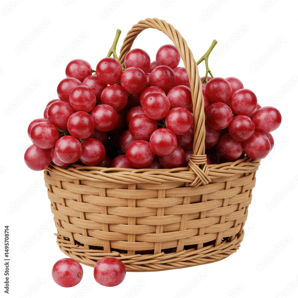 Fototapeta premium Ripe red grapes bursting from woven wicker basket with twisted handle on a white backdrop
