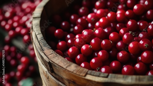 Juicy Red Berries in Rustic Wooden Bowl, Close-up Shot