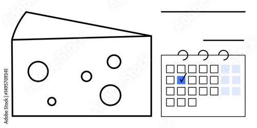Cheese wedge with holes next to a calendar, one date marked with blue checkmark. Ideal for meal planning, food delivery, diet tracking, grocery shopping, scheduling, time management, flat simple