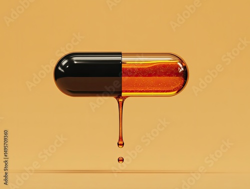 A pill capsule, half black, half amber, with liquid dripping