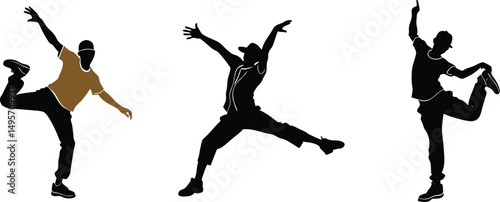 Vector illustration of three hip hop dancers performing on stage in dynamic poses