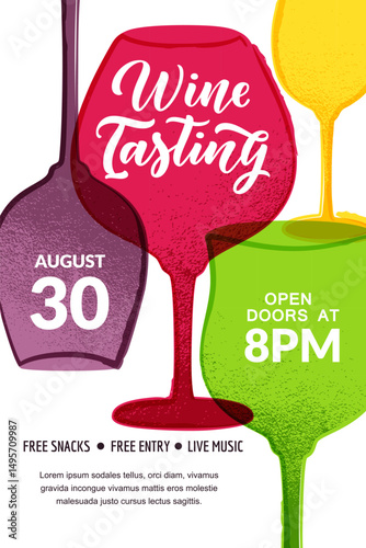 Wine tasting vertical poster or banner. Multicolor glasses with painted grunge texture. Vector hand drawn wineglasses