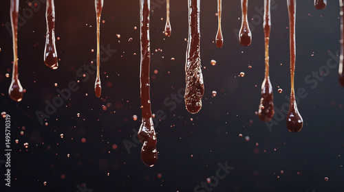 Melted brown chocolate syrup drips and flows deliciously on a beige background, a sweet liquid dessert splash