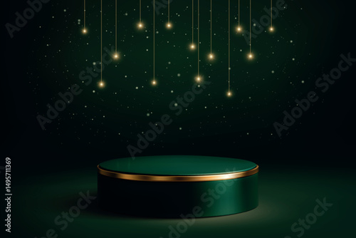 Green podium with gold lights and hanging sparkle background