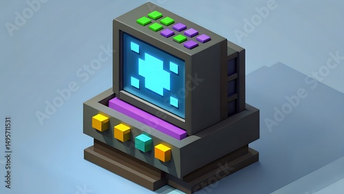 Retro Futuristic Pixelated Computer Isometric View