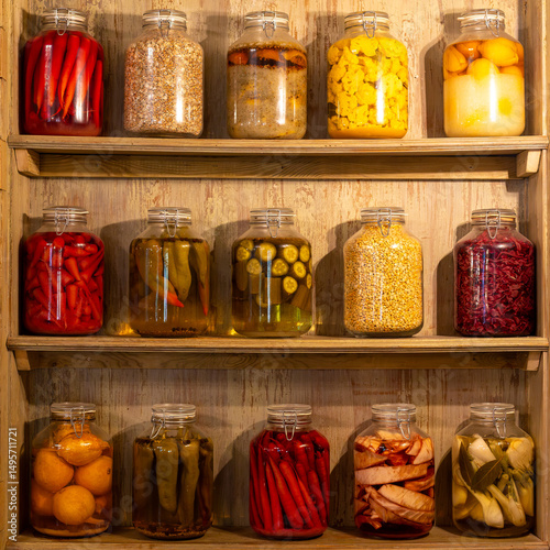 Large glass jars of fermented vegetables and fruit line rustic wooden shelves, supporting a healthy gut biome through natural probiotic nutrition