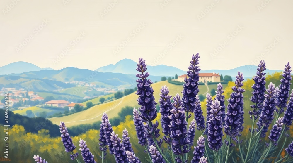 Fototapeta premium Rural Landscape with Grass and Hills with Lavender in the Foreground