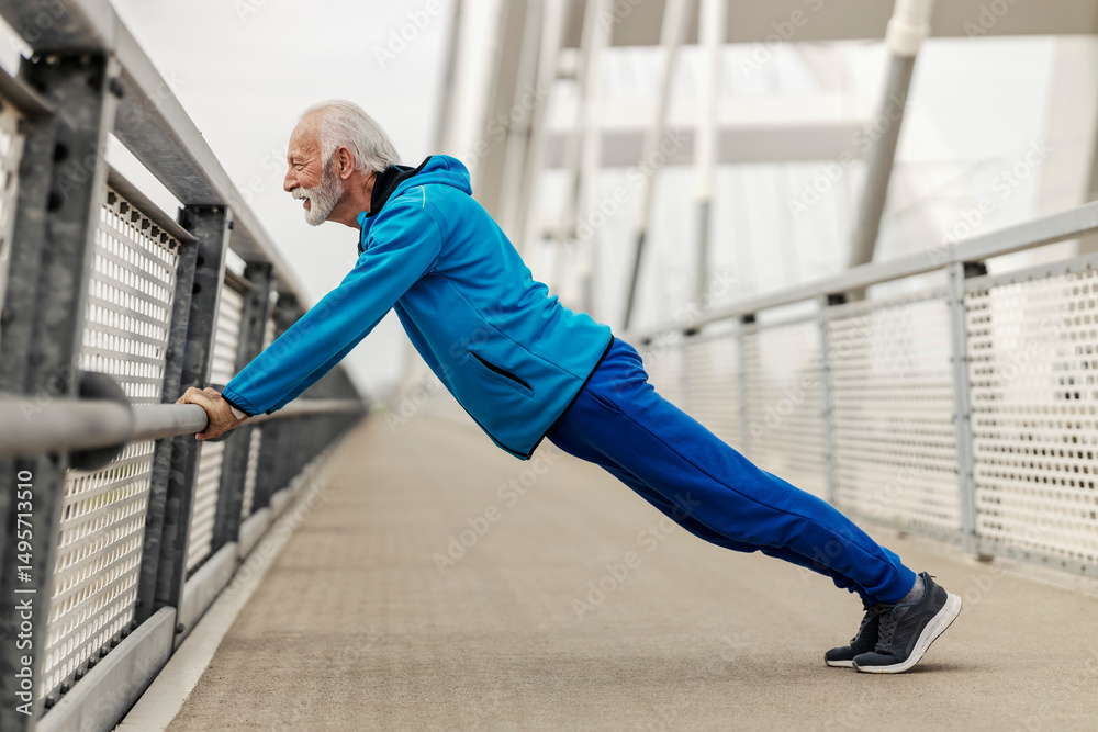 Fototapeta premium Side view of senior sportsman doing pushups on a bridge.