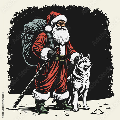 Vintage color illustration in linocut style full-length Santa Claus with a sack. Hand-drawn, bold contrast, retro design, perfect for colored holiday prints.