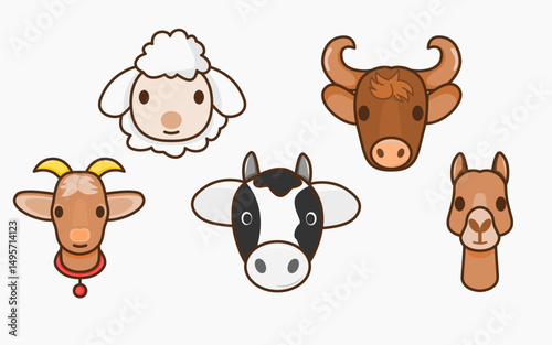 set of Qurban animal heads in cartoon style for Eid al-Adha and Islamic celebration
