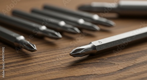 Close up of a set of silver screwdriver heads arranged on a wooden surface enhancing detail and texture