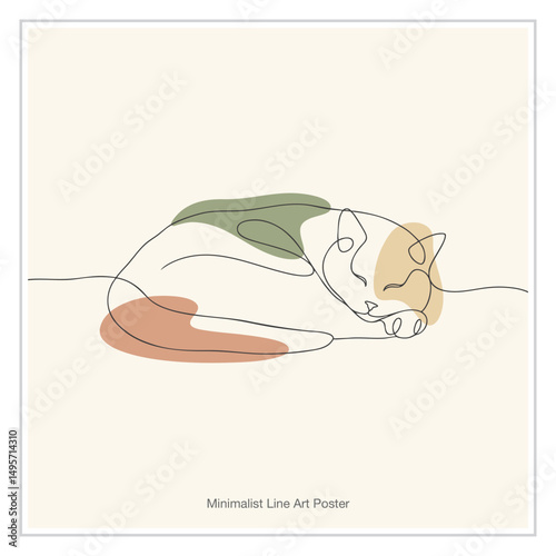Sleeping Cat Minimalist Line Art Drawing. Cozy Home Decor Poster Vector Design