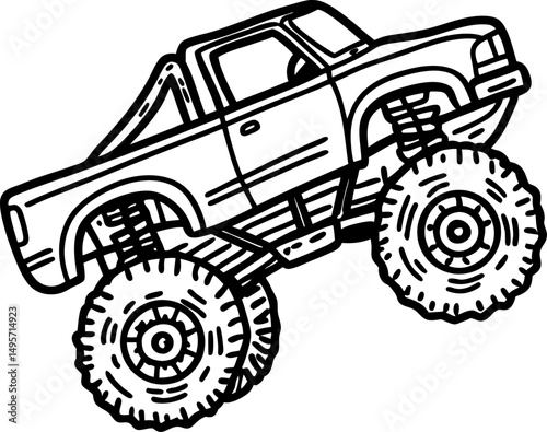 Monster truck illustration with oversized wheels off road adventure, powerful vehicle icon