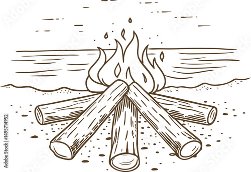 illustration of a beach bonfire by the sea warmth, relaxation, summer evening by ocean waves