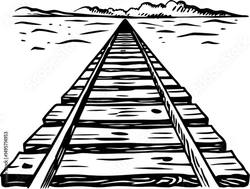 Vintage railway tracks leading into the horizon in black and white illustration
