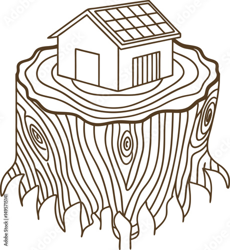 Sustainable tiny house on tree trunk base with solar panels