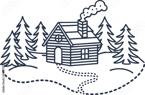 cozy cabin in winter wonderland rustic log house, snow capped trees and winding path
