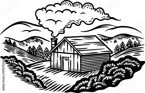 Rustic cabin landscape with smoky chimney in countryside woodcut illustration
