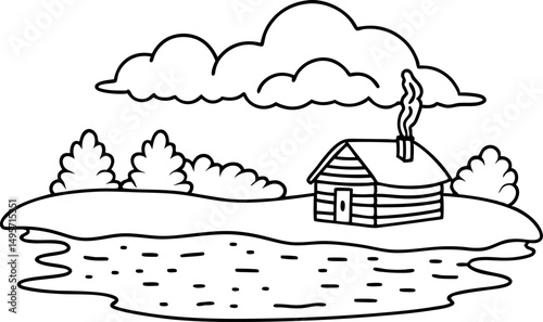 Rustic lakeside cabin in serene landscape simple line art illustration with clouds, water, trees