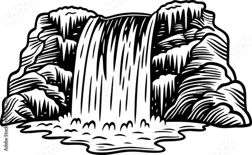 black and white waterfall illustration, natural rock scenery, flowing water sketch, organic landscape art