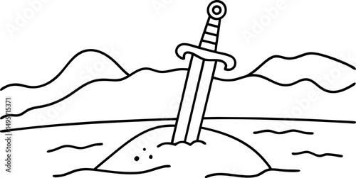 sword in stone by lake legendary weapon illustration, excalibur concept, medieval mythology art
