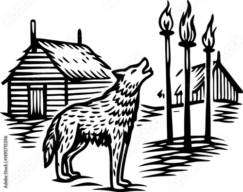 howling wolf near cabins and torches in woodcut illustration wildlife and nature night scene