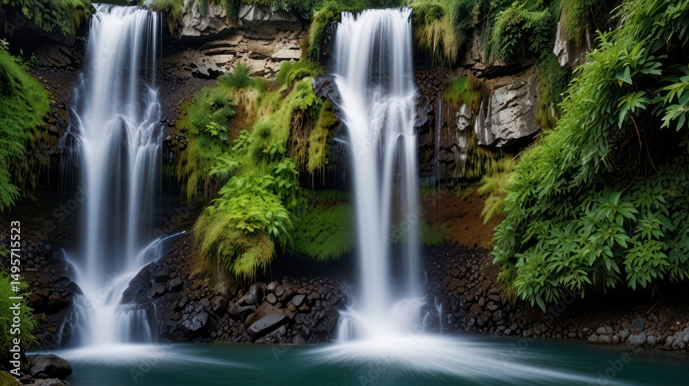 Two serene waterfalls cascade into a dark pool surrounded by lush green foliage Two serene waterfalls cascade into a dark pool surrounded by lush green foliage
