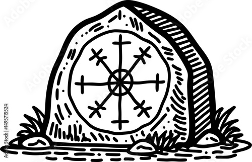 viking runestone with compass symbol, black and white illustration ancient norse heritage and history
