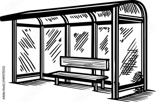 Black and white sketch of a simple bus shelter with bench and roof