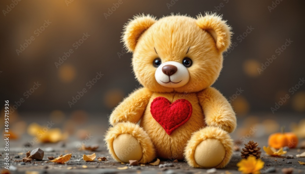 Obraz premium cute teddy bear with a red heart, goldenrod tones.