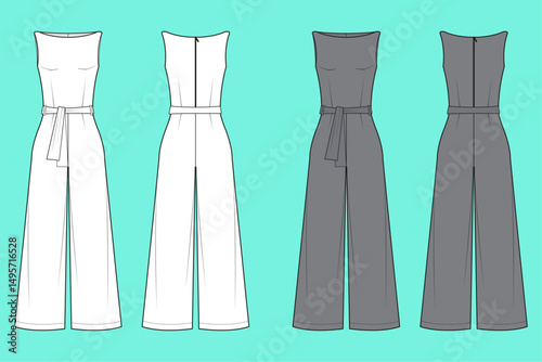 Sleeve less Jumpsuit colour way sets fashion flat sketch CAD mockup front and back views.