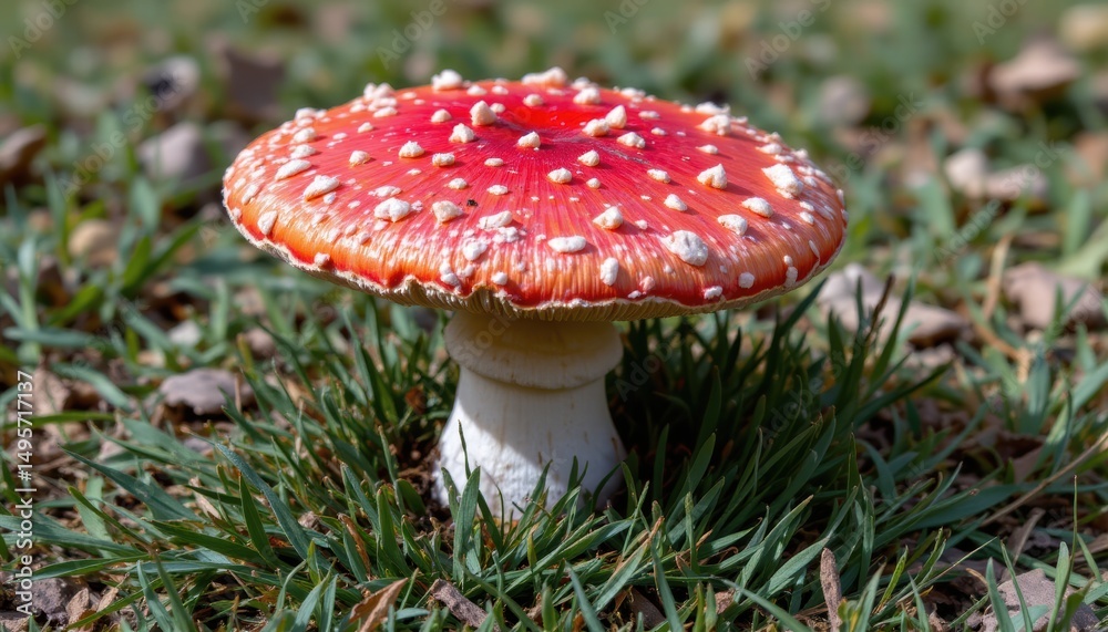 holographic style large spotted toadstool on grassy patch isolated. holographic style large spotted toadstool on grassy patch isolated.