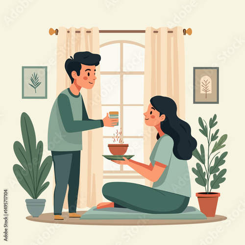 Loving Husband Caring for Sick Wife: Vector Illustration of Compassionate Caregiver. Family Wellness and Support. Husband's Dedication, Home Healthcare, Tender Moments. Husband Appreciation: Love in