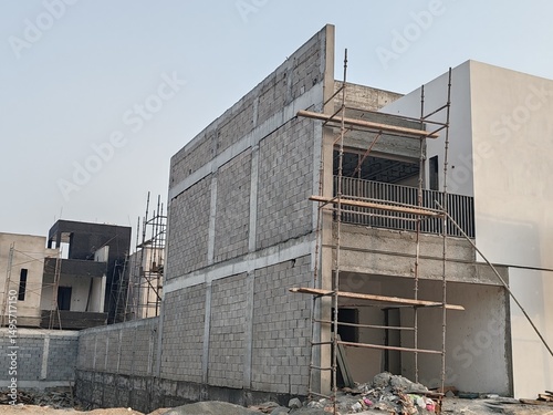 Under Construction House Or Villa's With Concreate Block Or Bricks.
Exterior View Of 02 Story House With Modern Design architecture.
In Complete Villa's, Home Or House full Structure for residence.