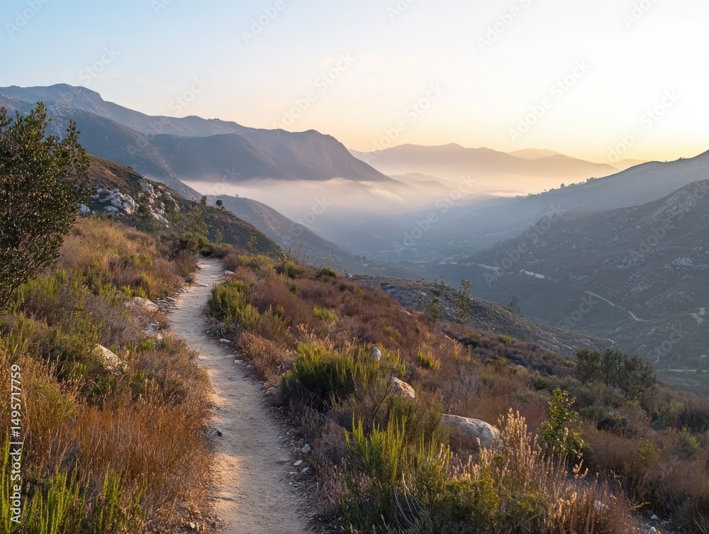 a scenic mountain landscape with a winding hiking trail, early morning mist, golden hour light, tranquil and expansive view a scenic mountain landscape with a winding hiking trail, early morning mist, golden hour light, tranquil and expansive view