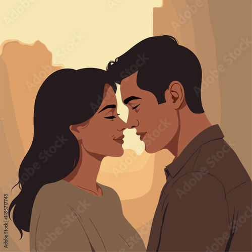 Loving Couple's Quiet Smile: Minimalist Vector Art for Husband Appreciation Day. Warm Colors, Soft Lighting, Blurred Background. Depicts Happiness, Understanding, and Love. Perfect for Anniversaries,