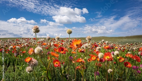 prairie smoke wild flowers in a natural prairie restoration with blue sky and clouds in background geum triflorum they open after pollination photo