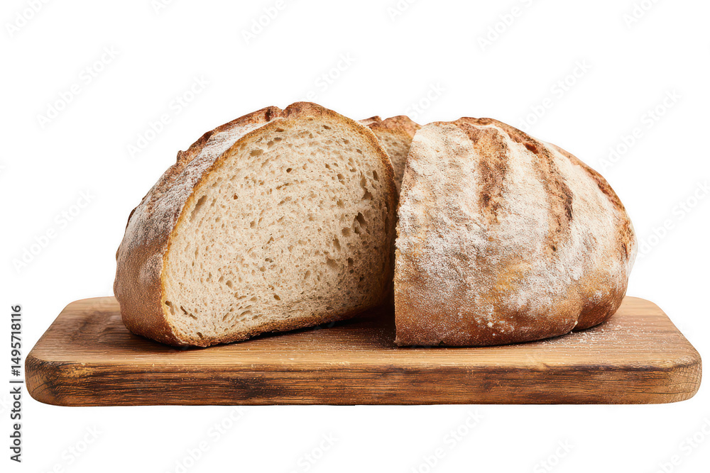 A loaf of bread, cut in half, on a wooden board, png, transparent A loaf of bread, cut in half, on a wooden board, png, transparent