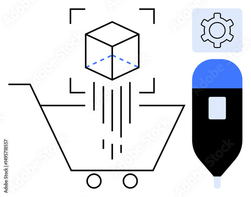 Shopping cart with a 3D cube symbolizing product customization, a tool representing adjustments, and a cogwheel for settings. Ideal for e-commerce, 3D printing, customization, manufacturing