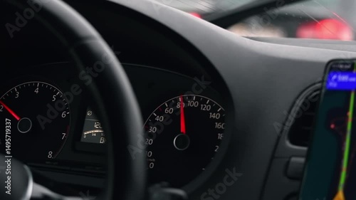Driver maintains steady 80 kmh speed on highway, focusing on safe driving during rainy weather, dashboard and navigation in view.