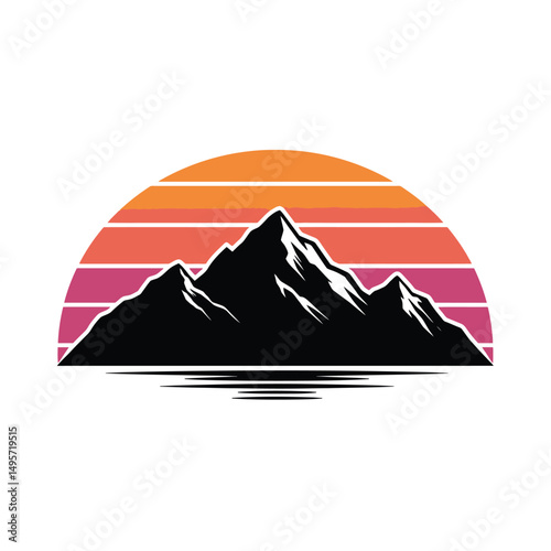 Sunset above mountains peak silhouette. Vintage styled mountain logo or sticker or poster template. Vector illustration