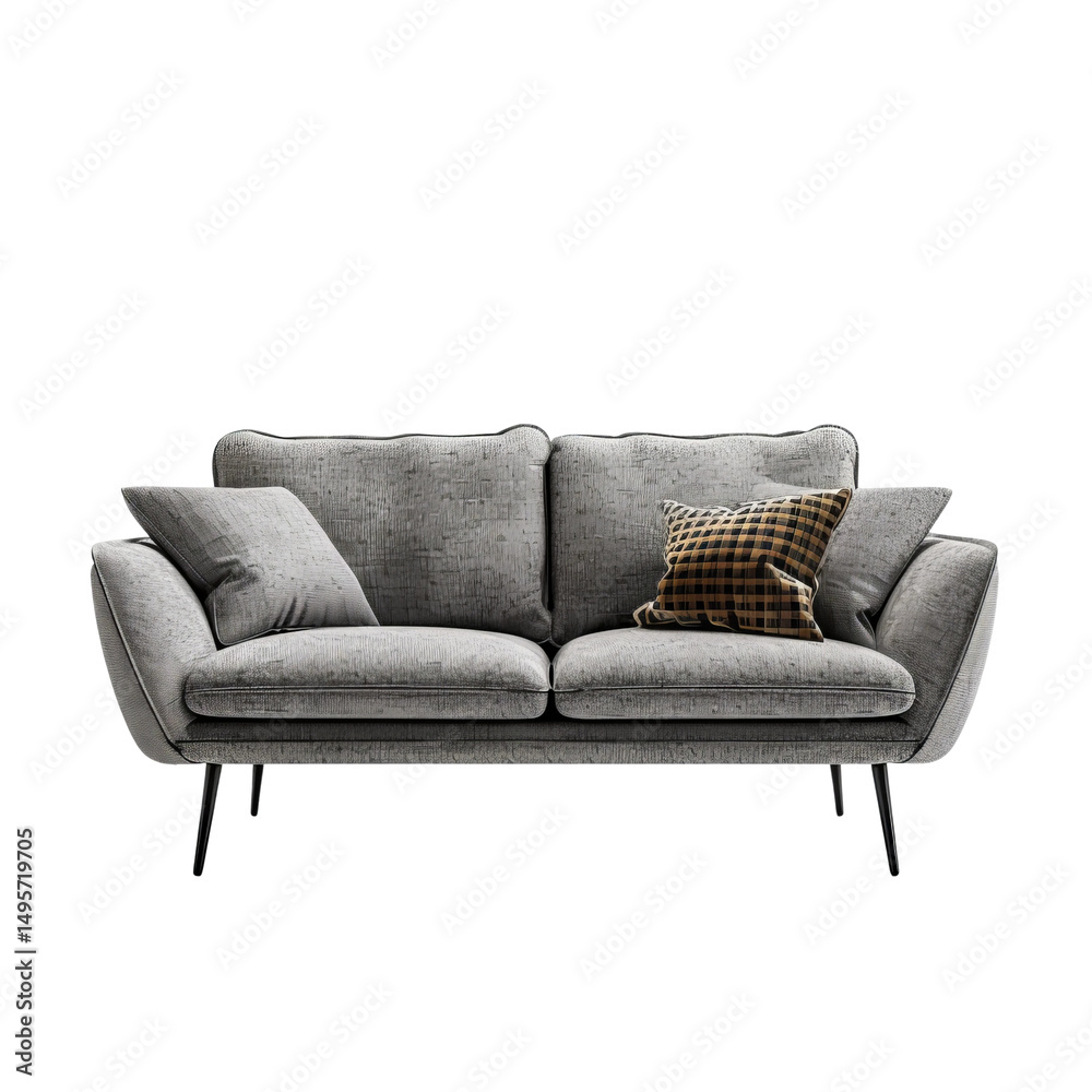 Fototapeta premium Modern grey sofa with two cushions on a white background.