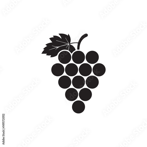 Black Grape Bunch Icon with Leaf Isolated on White Background
