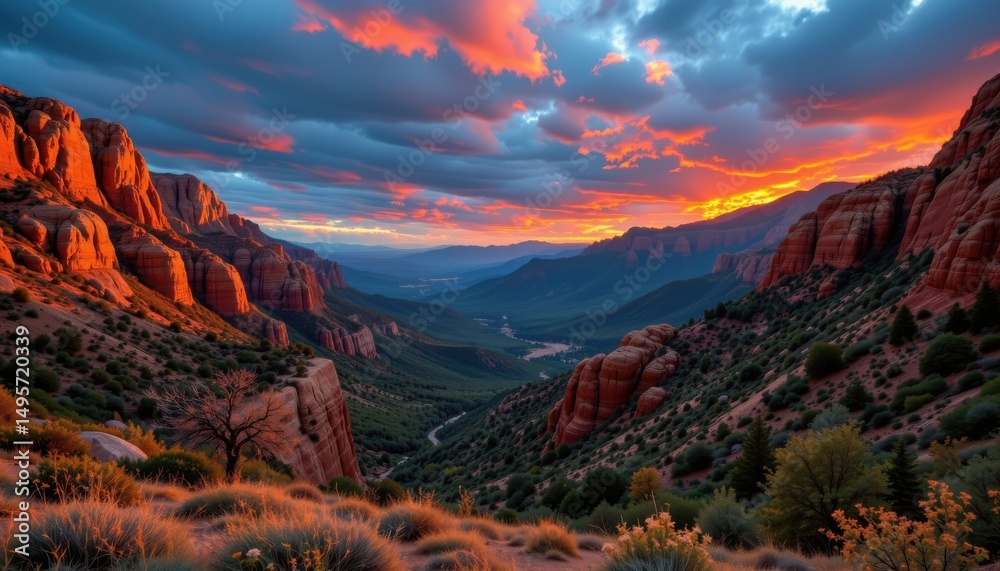 Fototapeta premium explorer in a fertile canyon with dramatic dusk sky, in a cinematic style, colorful lighting, grand composition, high resolution