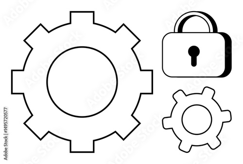 Large and small gear cogs with a padlock emphasizing security, optimization, and integration. Ideal for technology, cybersecurity, system settings, data protection, process innovation, technical
