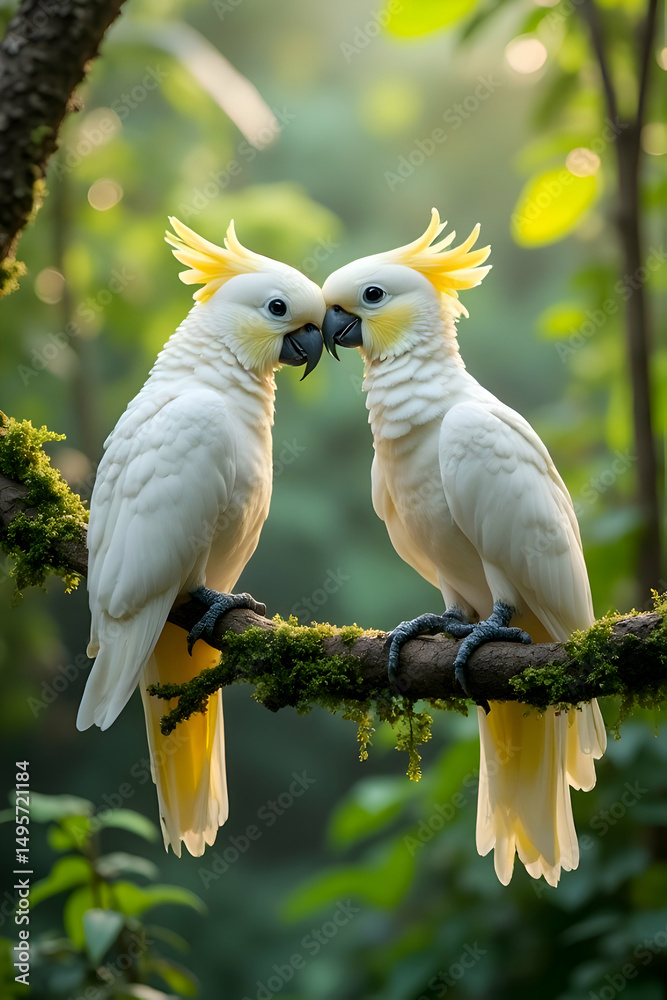 Two Cockatoos Perched on Branch in Forest Two Cockatoos Perched on Branch in Forest
