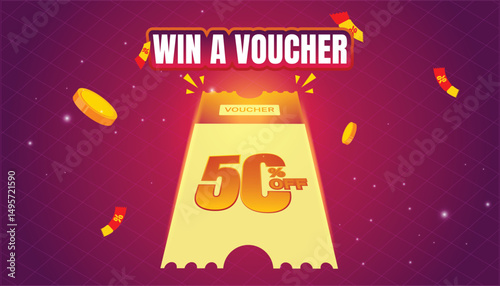3d Voucher flying coupons percentage off, golden coins,  isolated on a red background. Win a voucher template. Unlimited discount voucher giveaway.