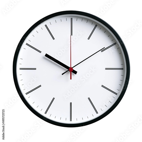 A simple and sleek analog clock with black hands against a clean white face.  The clock's hands point at 4:10, symbolizing a specific point in time or the passing of hours.