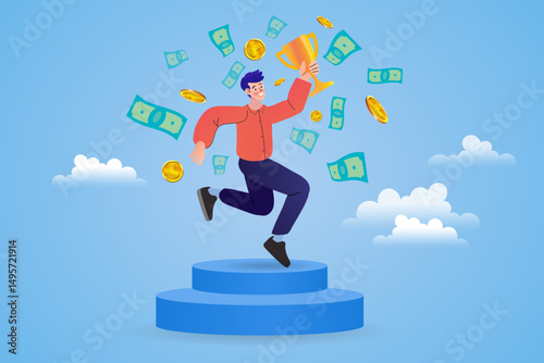 Vector illustration of a happy businessman jumping with flying money, symbolizing success, achievement, and financial reward. Perfect for concepts like earning, bonus, and business growth.
